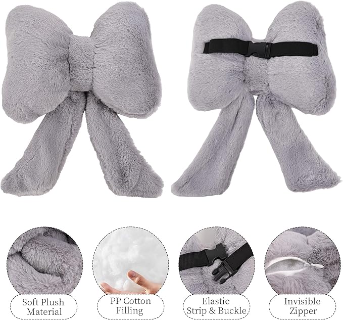 Bow Car Headrest Pillows Plush Car Neck Pillows for Travel Driving Office Chair Head Support Cushions, Also Cute Car Decor Accessories (2PCS Grey)