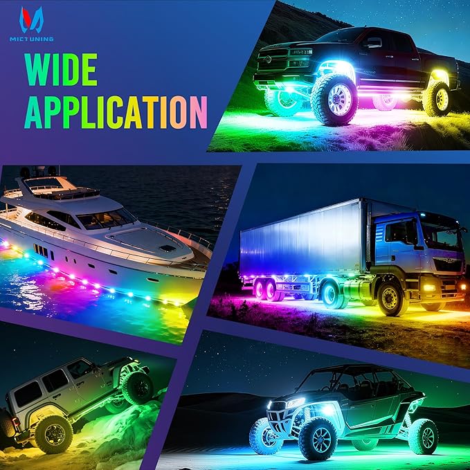 MICTUNING Q2+ MAX RGB+IC Rock Lights - 8 Pods Multi-Color DIY Effect Underglow Neon Kit, Individual Group Control, APP Music Sync, IP68 Waterproof