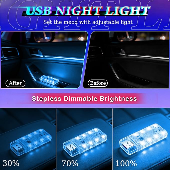 4 PCS Car LED Lights, USB Plug-in Rechargeable 8 High-Brightness LED Beads, Portable Mini Touch Control Dimmable Night Light for Car/Bedroom/Party/Holiday Decoration (2 Amber & 2 Ice-Blue)
