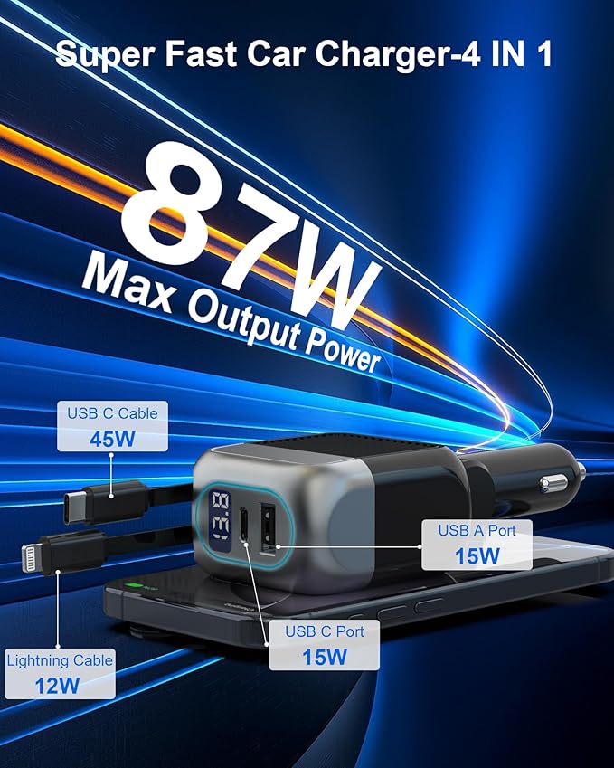 87W Retractable Car Charger, 4-in-1 Fast USB C Charging Car Adapter with 45W Type C Cable for iPhone 17/16 Pro Max & Samsung, 12W Lightning Cable for iPhone 14, Travel Essentials Car Accessories