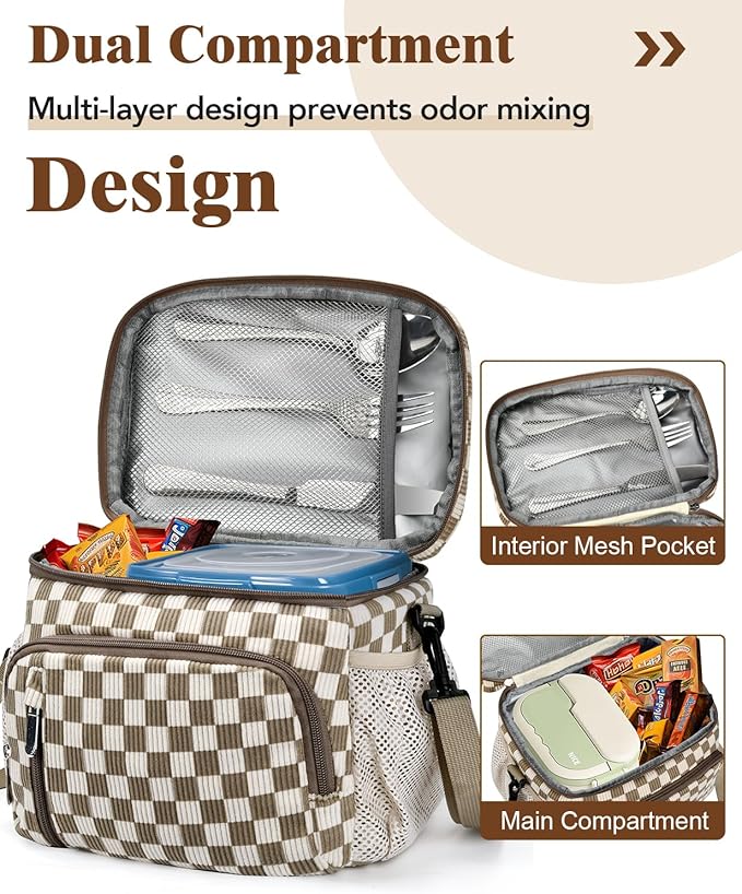 Insulated Lunch Bag for Men & Women, 9L Leakproof Lunch Box Soft Cooler Tote with 5 Pockets, 600D Oxford, EVA Lining, Adjustable Strap for Work, Picnic, Beach&Travel-Corduroy Khaki Checkered