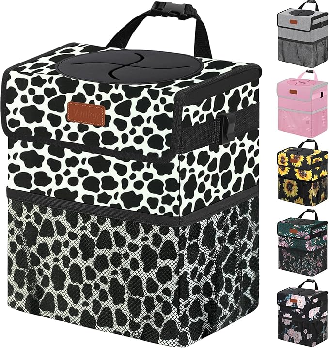 Vankor Car Trash Can for Car Cute,Bag Bin Hanging Waterproof Automotive Garbage Cans Leak Proof Vehicle Trash Can Cow Print