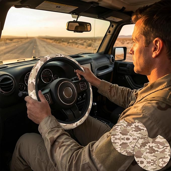 Brown Camo Steering Wheel Cover - Camouflage Steering Wheel Cover Anti-Slip Breathable Universal for 15 Inch Car with 2 Pieces Car Coasters Suitable for Men Women