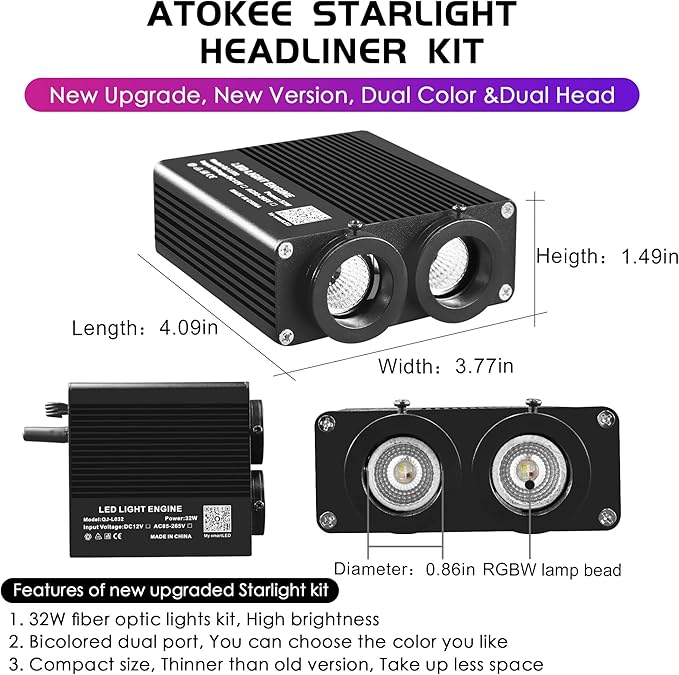 ATOKEE 32W Dual Color Starlight Headliner Kit, Sound Activated Fiber Optic Star Roof Lights with APP/Remote Control, 600pcs 0.03in 9.8ft