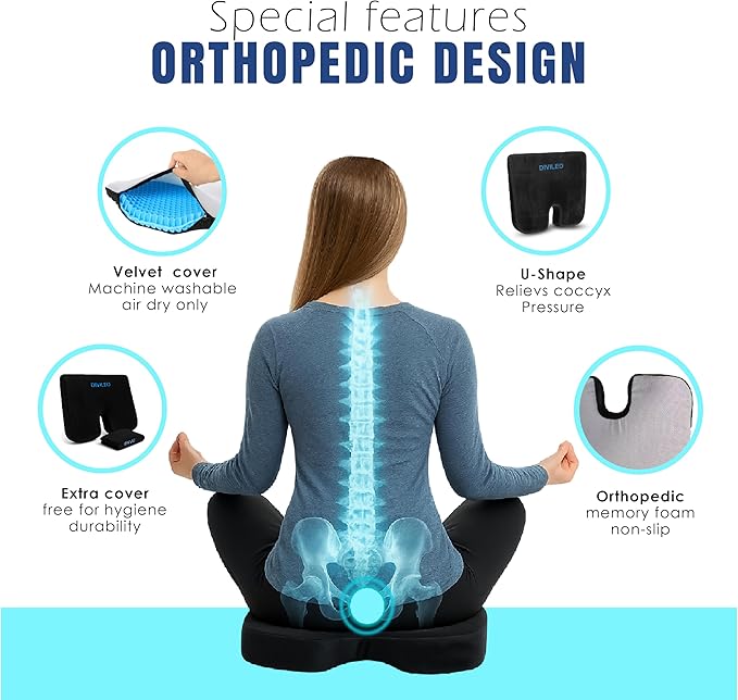 Orthopedic Seat Cushion for Tailbone & Sciatica Pain Relief – Ergonomic U-Shaped Memory Foam Chair Pad for Office, Car & Home – Coccyx Support, Back & Hip Comfort, Free Extra Washable Cover