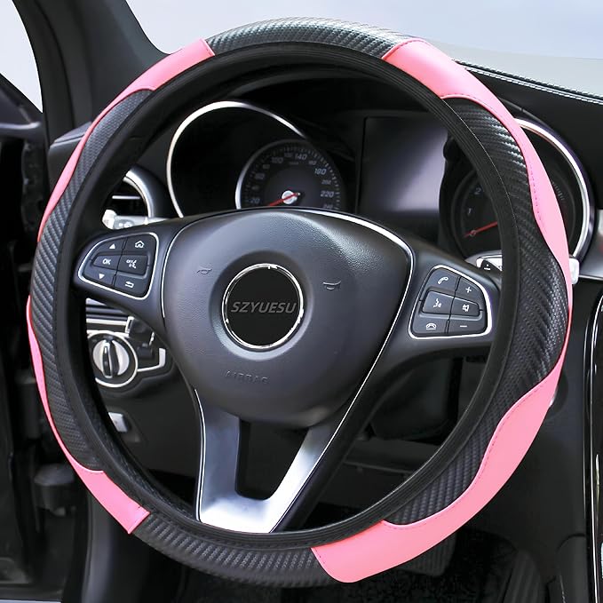 Car Steering Wheel Cover, 15 inch Microfiber Leather Carbon Fiber Soft Anti-Slip Breathable, Universal Size Elastic Car Accessory for Most Cars (Pink)