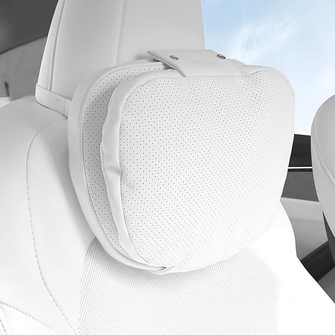 Car Headrest Pillow for Driving, Dual-Sided Leather Design Neck Pillow, Breathable Softness Neck Support, Universal Fit Head Rest Travel Pillow, White, 1 Pack