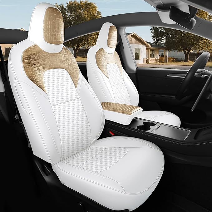for Tesla Model Y Car Seat Cover Custom Fit 2020 2021 2022 2023 2024 Crocodile and Nappa Leather Seat Cover Full Set Interior Accessories (Crocodile Skin Golden+White)