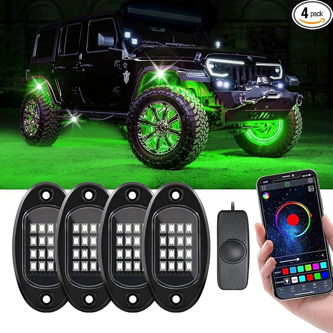 Kairiyard 4 Pods Rock Lights for Trucks, RGB APP Control Music Mode Multilcolor Waterproof High Bright LED UTV ATV RZR Underglow kit