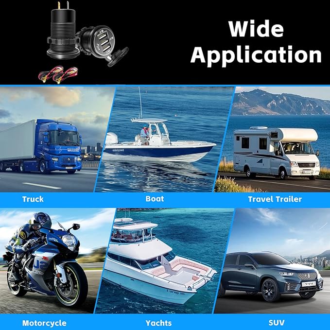 12V USB Outlet, 3 Port Charger Socket 12V/24V Car USB Charger Socket for Car Boat Marine Bus Truck Golf RV Motorcycle and More 2-Pack