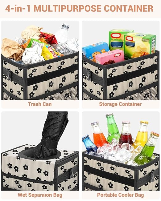 Capolo Car Trash Can with Lid, Leakproof Car Trash Bag Hanging Waterproof Automotive Garbage Can with Storage Pockets Mini Vehicle Trash Bin for Back/Front Seat(Black Flower,2.5 Gallon)