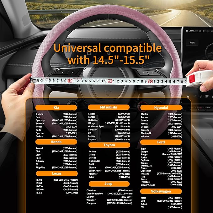Nappa Leather Steering Wheel Cover, Universal 15 Inch Snap On Car Steering Wheel Cover for Men/Women, Comfortable & Breathable Microfiber Car Accessories Interior (Pink)