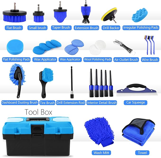 32Pcs Car Detailing Kit, Drill Brush Attachments with Detailing Brush Set and Tools Box, Blue Auto Cleaning Kit Interior for Dashboard, Wheels, Windows (C：32PCS-B)