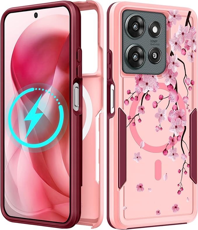 for Moto G 2025 Case Women - Compatible with MagSafe Cute Girls Magnetic Protective Phone Cover Girly Kawaii Flower Blossom Heavy Duty Shockproof Design for Motorola Moto G 5G 2025 Cases