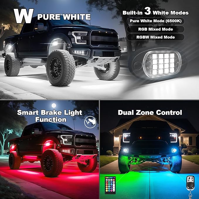 12 Pods RGBW LED Rock Lights Full Kit, 6500K Pure White (Not Mixed) & RGB Underglow for Truck Jeeps Golf Cart ATV UTV RZR Pickup, App/RF Remote Smart Brake Music Sync, Waterproof Offroad Underbody 12V