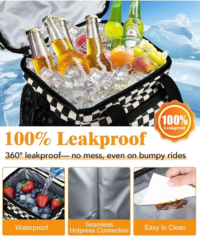 Insulated Lunch Bag for Women, Double Leakproof Lunch Box Soft Cooler Tote with 5 Pockets, 600D Oxford, EVA Lining, Adjustable Strap for Work, Picnic, Beach&Travel- Corduroy Black Checkered