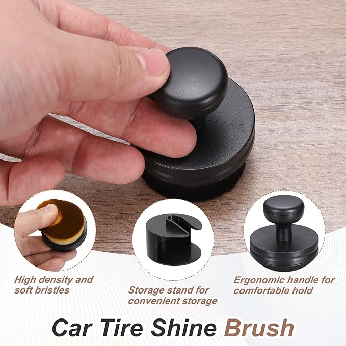 HARFINGTON 3 Pcs Car Tire Shine Applicator Brush PBT Automotive Tire Dressing Brush Car Cleaning Duster with Storage Stand for Auto Detailing Cleaning, Black
