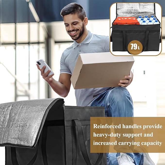 PEASUG 2PCS Insulated Bags for Food Delivery, XXXL Pizza Delivery Bags, Large Capacity Cooler Bag Keep Food Warm for Grocery Shopping and Catering, Foldable, Heavy-Duty (Black)