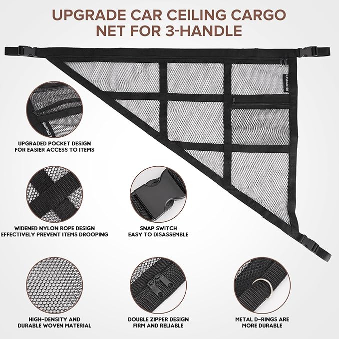 Kaskawise 31.5"x21.6" Car Ceiling Cargo Net – Double-Layer Roof Storage Organizer for 3-Handle & 4-Handle Vehicles, Perfect for Road Trips & Car Camping