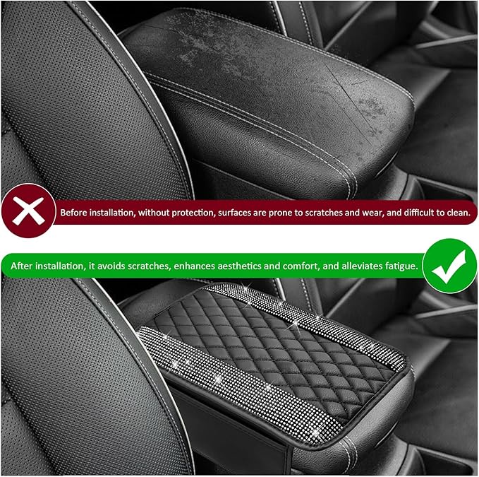 Sun Walker Bling Car Center Console Cover, Anti-Scratch Car Armrest Seat Box Cushion Pad with 2 Storage Bags, Leather Middle Console Protector Crystal Interior Accessories for Most Cars (White)