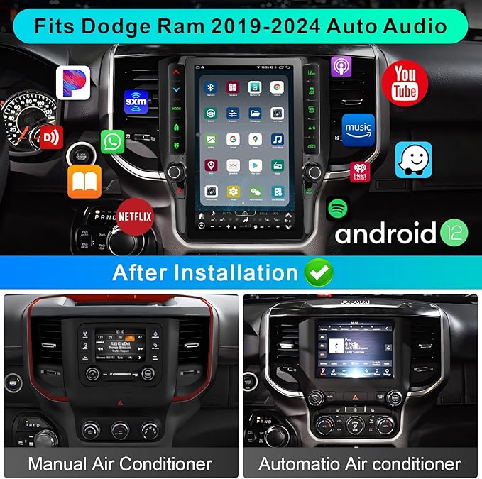 8 Cores 4+64G Radio Upgrade, 2019-2024 for Dodge Ram 1500 2500 3500 Truck Radio Upgrade,12.1 inch Vertical Touchscreen Support Wireless CarPlay Android Auto GPS Bluetooth FM SWC(Inches, 12)