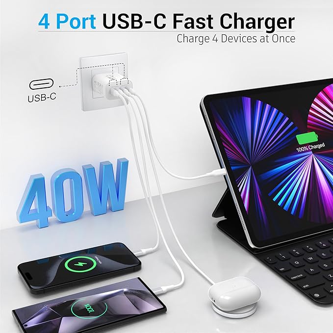40W USB C Charger Block, 2-Pack, 4 USBC Ports, Type C Wall Plug USB-C Fast Charging, iPhone Charger Adapter Box Cube for iPhone 17, 17 Air, 17 Pro, 17 Pro Max,16, 15, 14, 13, 12, Samsung Phone