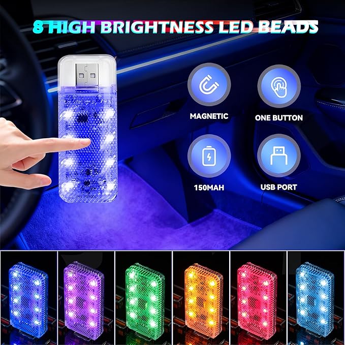 4 PCS Car LED Lights, USB Plug-in Rechargeable 8 High-Brightness,Portable Touch Control Dimmable Night Light for Car/Bedroom/Party/Holiday Decoration (1 Red&1 Blue& 1 Green& 1 Purple)