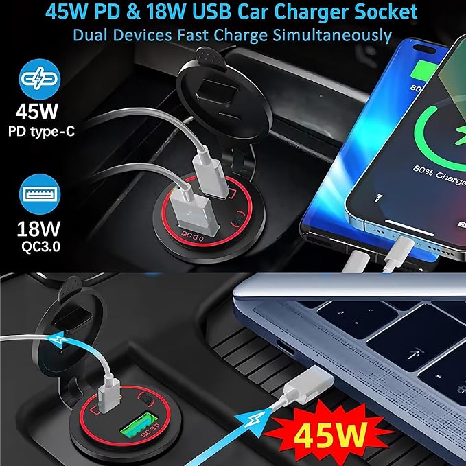 45W PD & 18W QC3.0 USB Laptop Car Charger Power Socket, Marine Type-C/USB C Port Fast Charging Adapter, 12V USB Power Outlet with ON/Off Switch Button Waterproof Cover for Boat RV Truck Golf (Red)