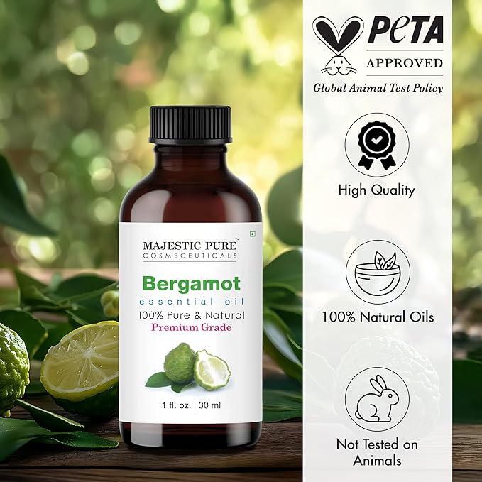 Majestic Pure Essential Oil with Glass Dropper - 100% Pure and Natural - Essential Oils for Diffuser, Aromatherapy, Soap and Candle Making, Bergamot Essential Oil, Bgamot Oil, 1 Fl Oz