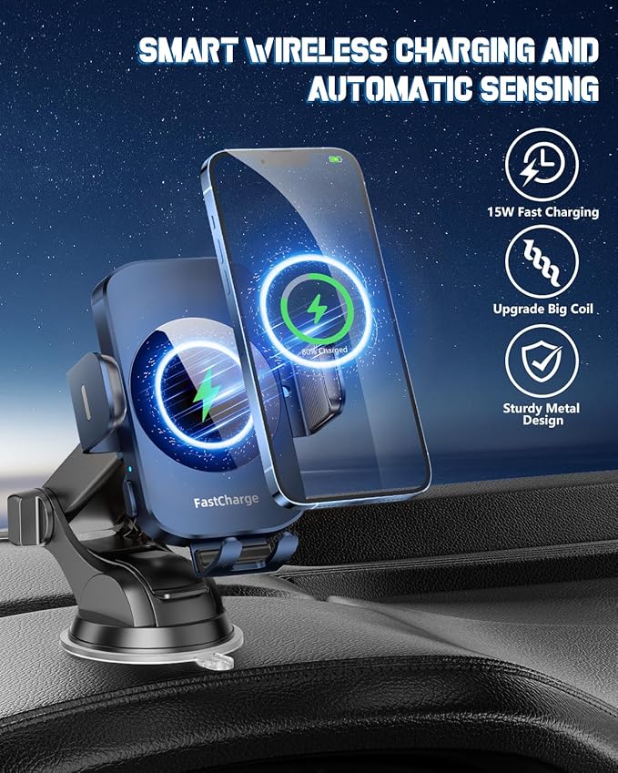 BothLin Wireless Car Charger, Fast Charging Phone Holder 3 in 1 Phone Mount Auto Clamping Car Accessories Compatible with iPhone 17 16 15 14 13 12 11 Xs XR, Samsung S23 Ultra S22 S21 S20(Deep Blue)
