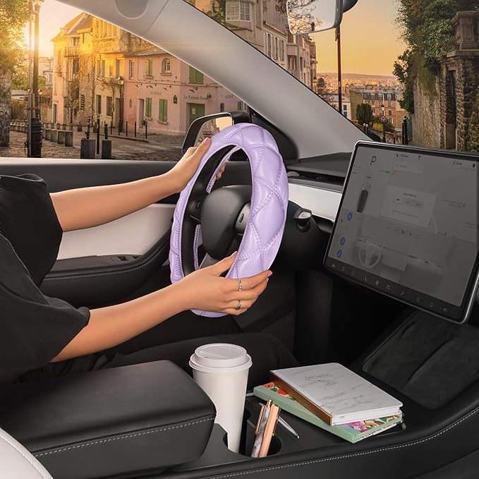 Purple Stitched Leather Steering Wheel Cover for Women, Standard 15 Inch Size Fits Most Vehicles, Cute Faux Car Steering Cover with Diamond Double-Stitch Detail, Car Accessories for Women