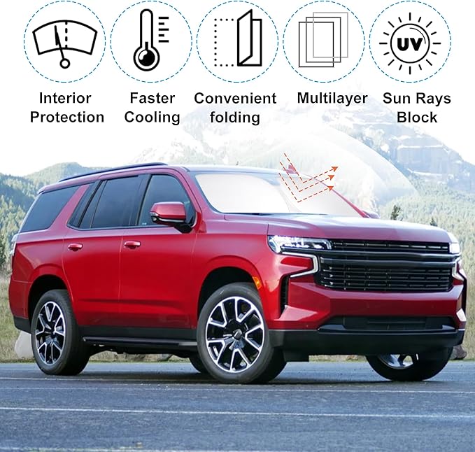 Windshield Sun Shade Custom Fit for 2021 2022 2023 2024 2025 2026 Chevrolet/Chevy Tahoe Accessories Foldable Sunshade Sun Blocker Protect Car from Sun Rays & Heat Damage Keep Car Cooler