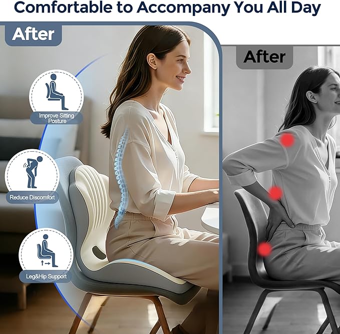 Seat Cushion for Office Chair Car, L-Shaped Ergonomic Seat Cushions,Memory Foam Orthopedic Cushion with Coccyx Hollow,Lumbar Support & Tailbone Pain Relief for Car, Truck, Gaming Chair,Beige & Gray