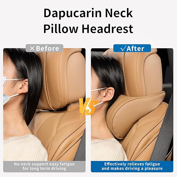 Car Headrest Memory Foam Neck Pillow for Driving with Leather Cover Soft Comfortable Seat Head Pillow Cushion for Most Cars SUV Sedan Home Office Palomino Brown (2PC)