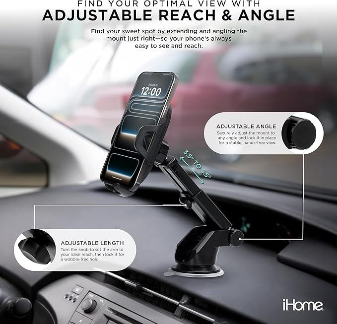 iHome Car Mount, Dashboard/Windshield/Vent Mount, Swivel Neck, Silicone Grip, Adjustable Mount Arm with Suction Cup Base (Universal Car Mount)