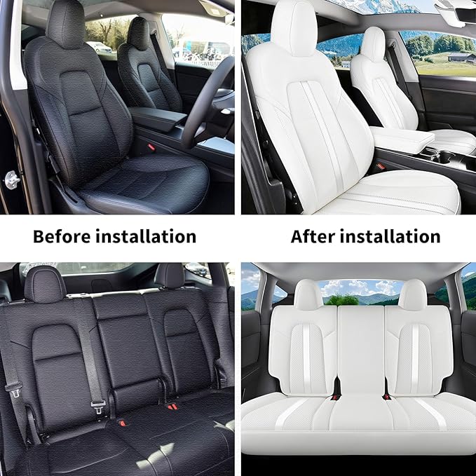 AOMSAZTO Car Seat Cover Fit for Tesla Model Y 2020 2024 - Half Surrounded Customized White Seat Covers(White with Stripe)