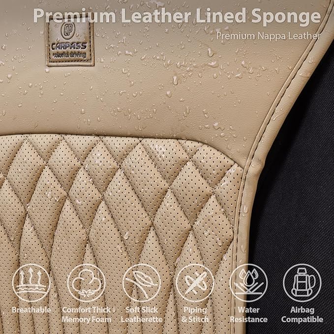 CAR PASS Car Seat Protector, 2 Pack Sideless Nappa Leather Seat Covers for Cars, All Season Waterproof Breathable Front Seats Cushion with Storage Pocket Universal Fit Vehicle Car SUV Truck, All Beige