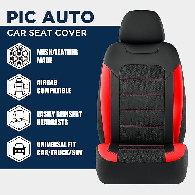 PIC AUTO Car Seat Covers, Premium Leather and Air Mesh Automotive Sports Seat Covers, Two Front Set, Airbag Compatible Universal Fits Most Cars, SUVs, Trucks and Vans (Black & Red)