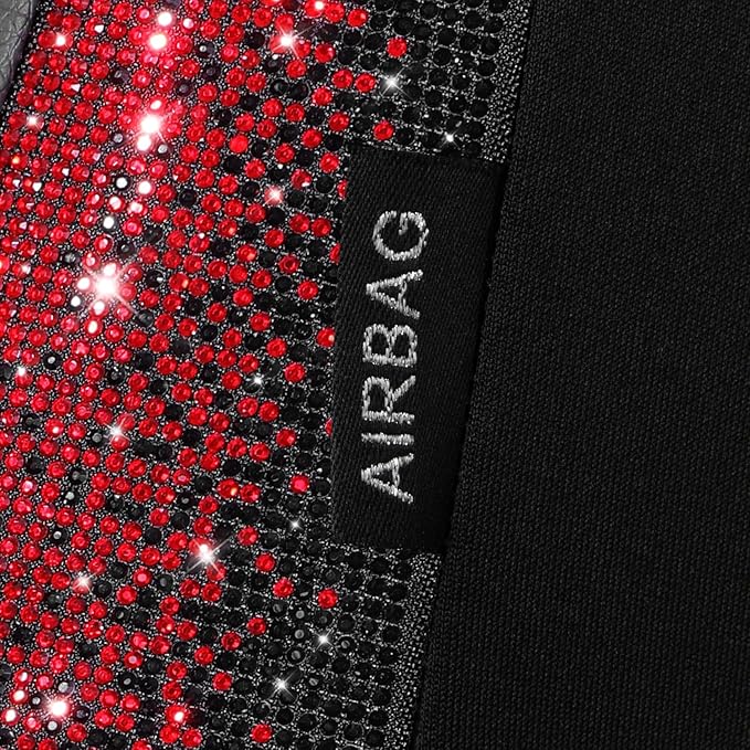 CAR PASS Bling Diamond Black Red Leather Car Seat Covers Full Set, Waterproof Shining Glitter Sparkly Crystal Universal Armrest Fit Automotive Truck SUV Women Girl, Rhinestone Interior Cover Set, Red