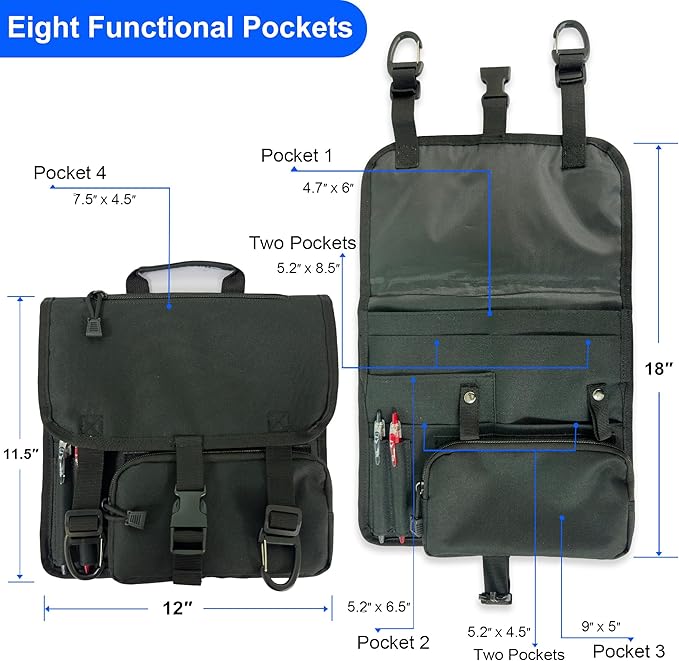Black Car Seat Organizer, Multi-Pocket Storage, Headrest Hooks Mount, Vehicle Backseat Organizer,with a detachable small storage bag.