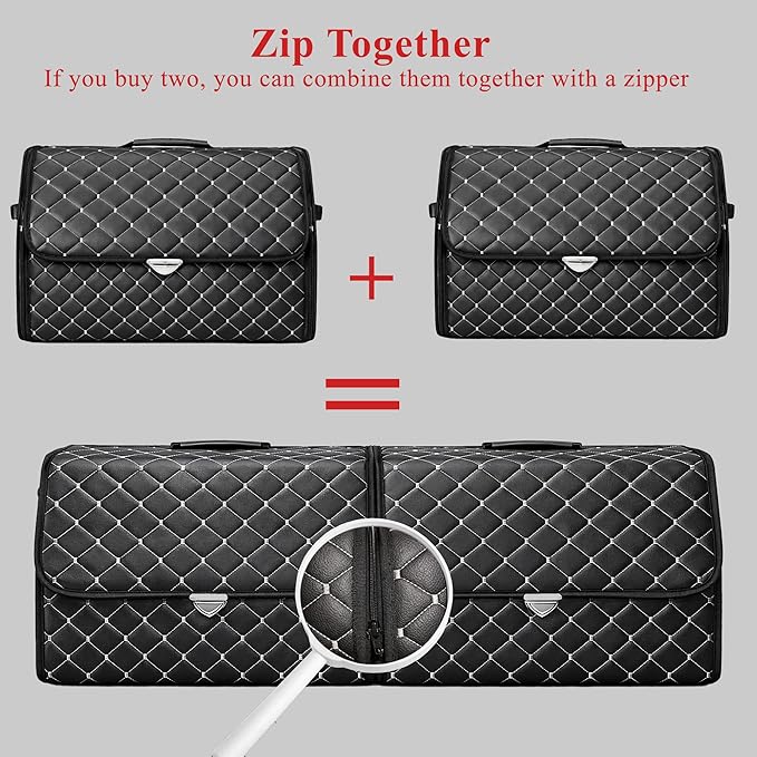 Leather Trunk Organizer with Lid for Suv and more, Foldable Car Organizer, Car Organizers and Storage with Pockets, Non-Slip Design (White-Black)