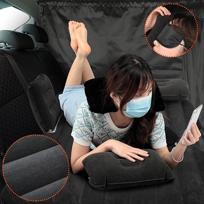 Tallew 12 Pcs Car Air Mattress Back Seat Inflatable Bed, 52 x 31.8 in Thickened PVC Flocking Leak Resistant Air Bed for SUV Truck Car Camping with Window Shade Curtain Portable Travel Sleeping Set