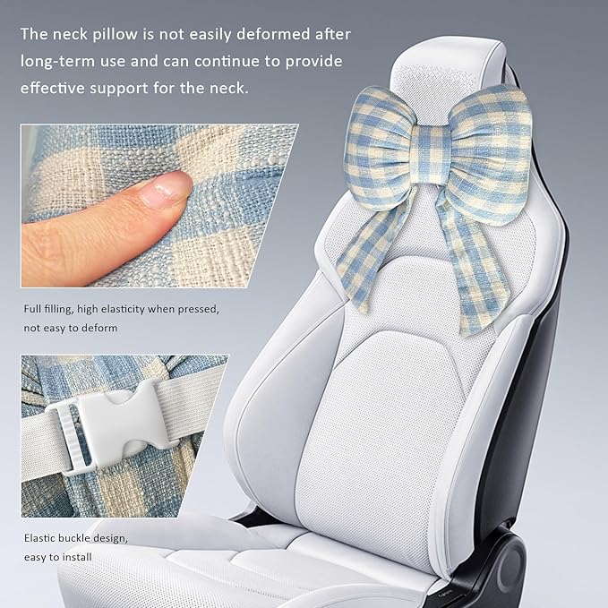 Sun Walker Bow Car Headrest Pillow, Breathable Bow-Shaped Vehicle Neck Pillow with Adjustable Strap, Ergonomic Neck Support Cushion Driving Seat Decoration for Women Girls (Blue & White)