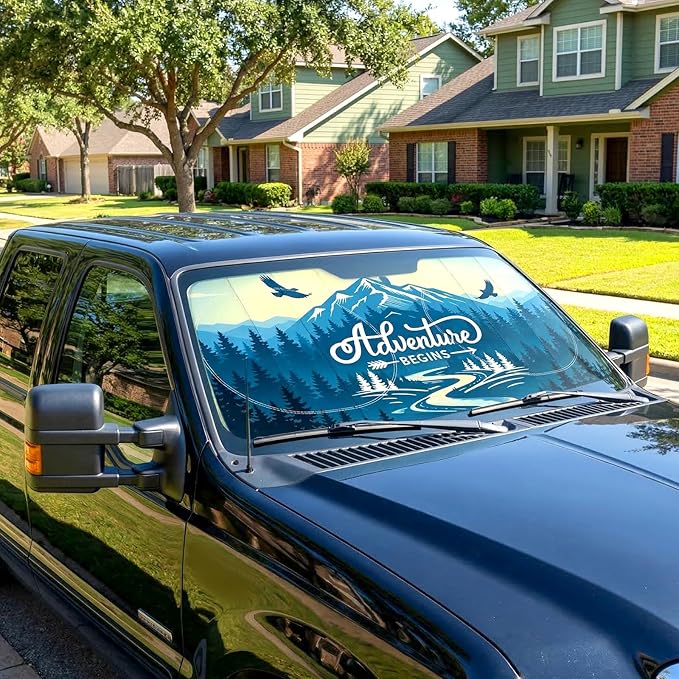 63"x28.5" Car Windshield Sun Shade with Storage Pouch, Stylish Printed Front Window Sunshade with Double Ring Frame, Universal Fit Foldable Heat Blocker & UV Protector for SUV, Sedan (Adventure-Peak)