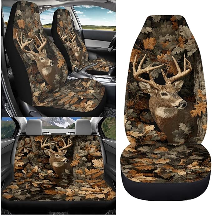 KEIAHUAN Car Seat Covers for Front and Rear Seat Full Set of 4 Pcs Camo Deer Hunting Design Front Saddle Blanket Rear Split Bench Protection Cover Automotive Interior Accessories