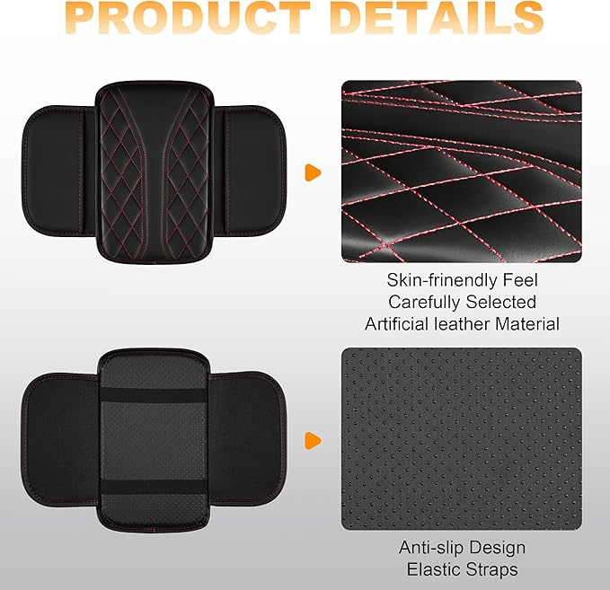 Car Center Console Cover Fit for Jeep Cherokee - Leather Armrest Covers with 2 Storage Pockets(Black&Red)