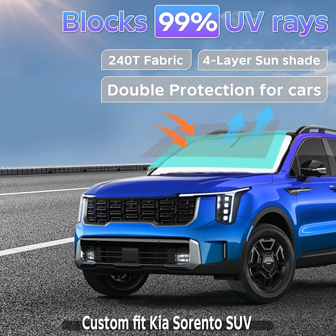 Sun Shade Sunshade for Kia Sorento 2021-2025 2026 Windshield Cover, 4-Layers Sun Shield 250T Silver Sun Visor Foldable Front Window Shade Blocks UV Rays Car Accessories