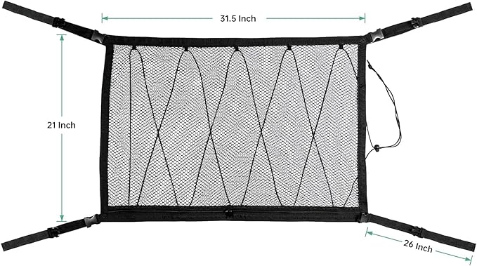 Kaskawise Car Ceiling Cargo Net, 31"x21" Adjustable Double-Layer Mesh SUV Roof Organizer, Van Life Accessories for Long Trip, Car Camping Essentials, Road Trip Must-Haves for Overhead Storage