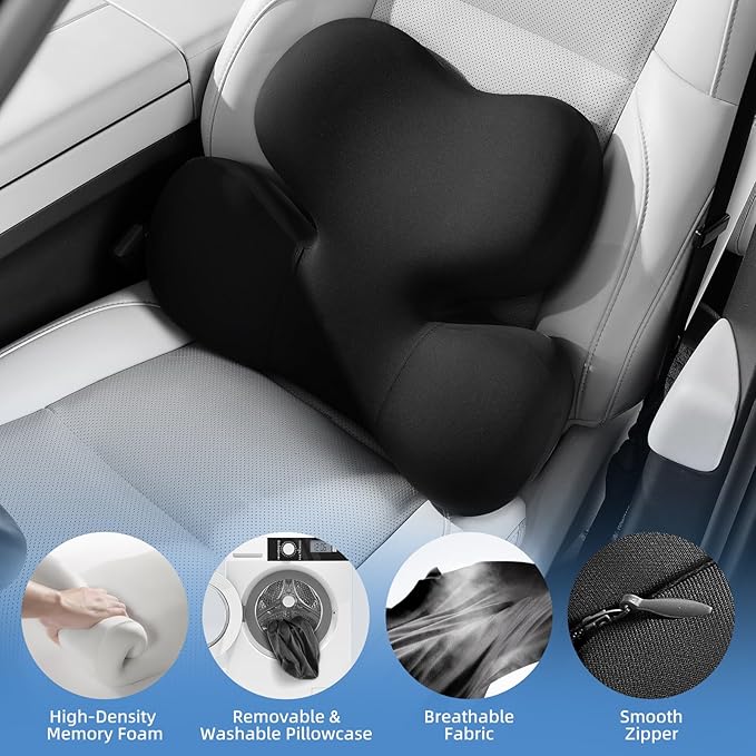 BEBAS Lumbar Support Pillow for Car, Ergonomic Memory Foam Back Cushion for Driving, Lower Back Support for Pain Relief, Lumbar Cushion for Car Seats, Office Chairs, Wheelchairs - Black