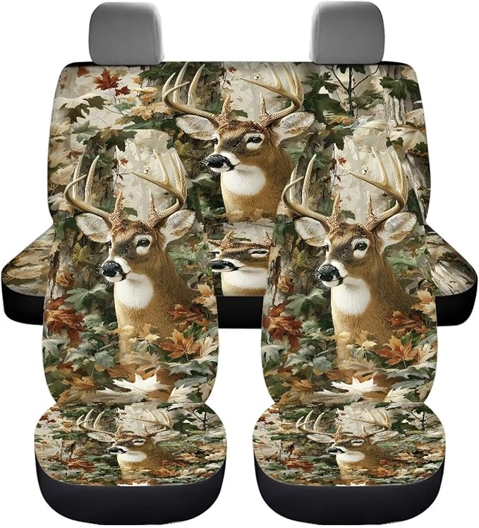 KEIAHUAN Camo Hunting Deer Car Front Back Seat Covers Front Bucket Seat Cover & Rear Bench Seat Protector Anti-Slip High Back Automotive Seat Covers Fit Most Vehicle Truck,SUV